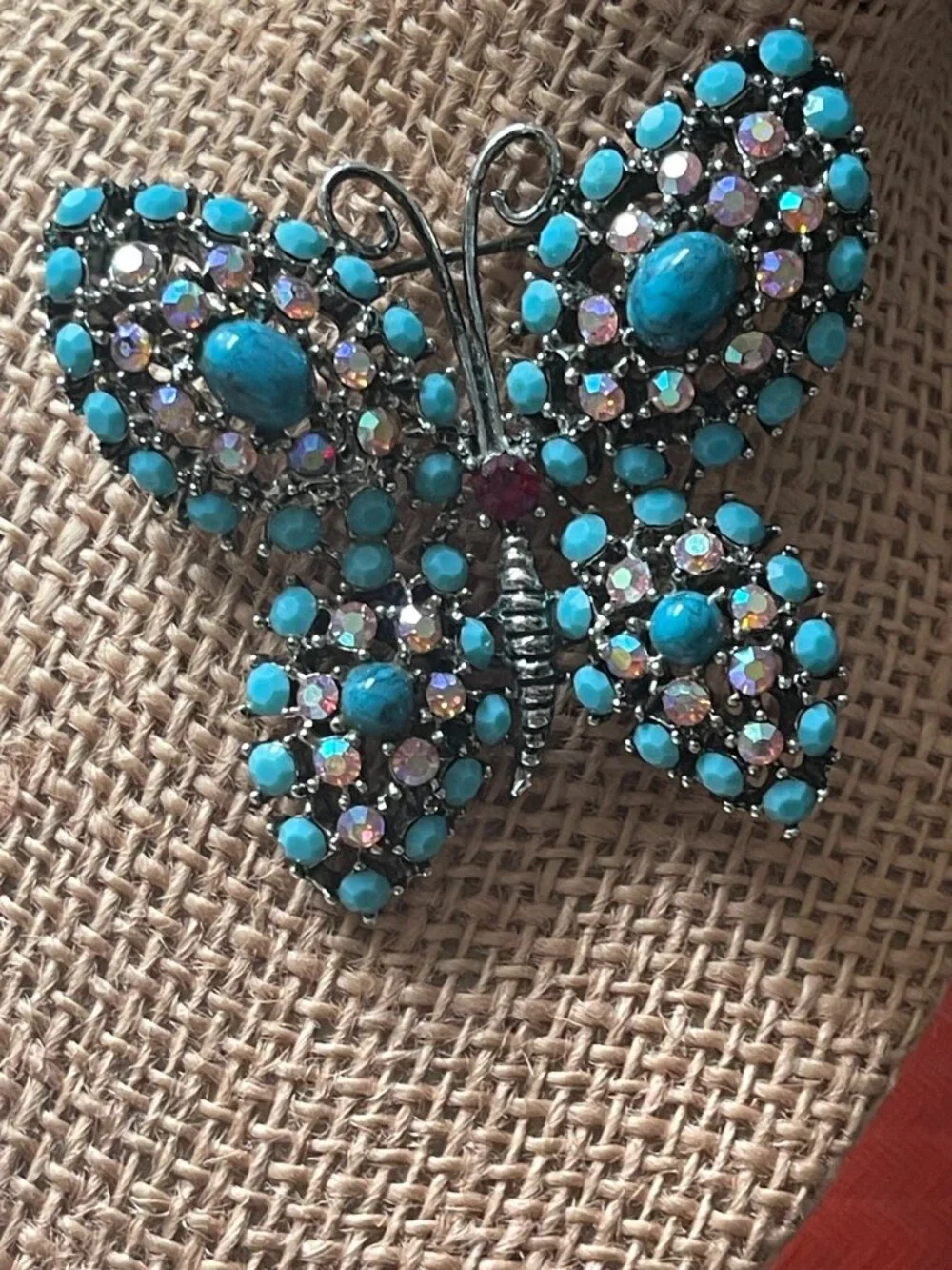 VTG Weiss Bejeweled Butterfly Brooch Turquoise Cabochons & Rhinestones 3.5